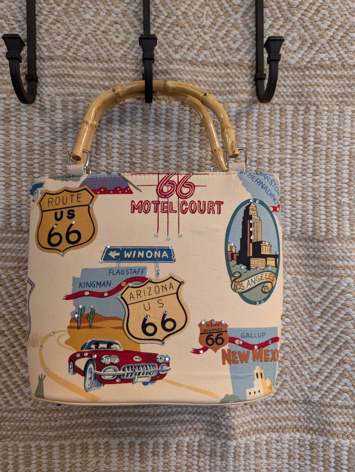Iridescent Sequins ROUTE 66 Highway Faux Bamboo Handle Purse Bag