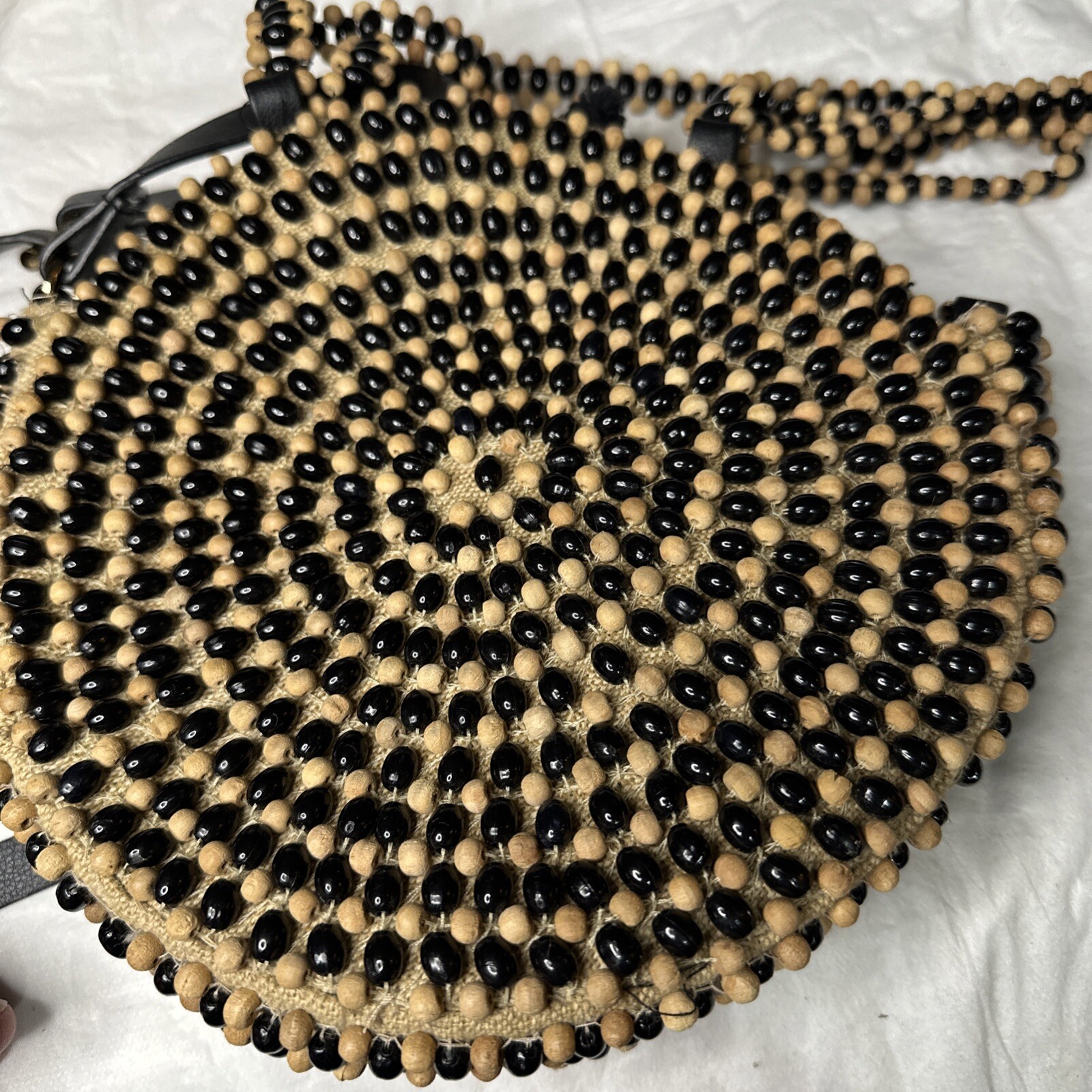 Zara Basic Collection Handbag Black and Natural Wood Bead Bag Double Strap Purse