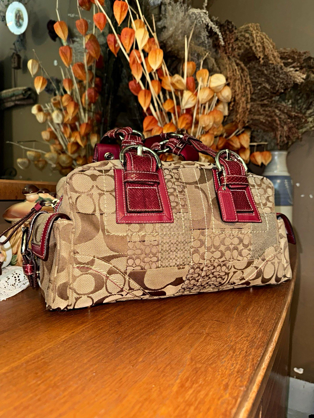 Coach Mia Soho Signature Patchwork Satchel Bag – Red Python Trim (Style 10088)