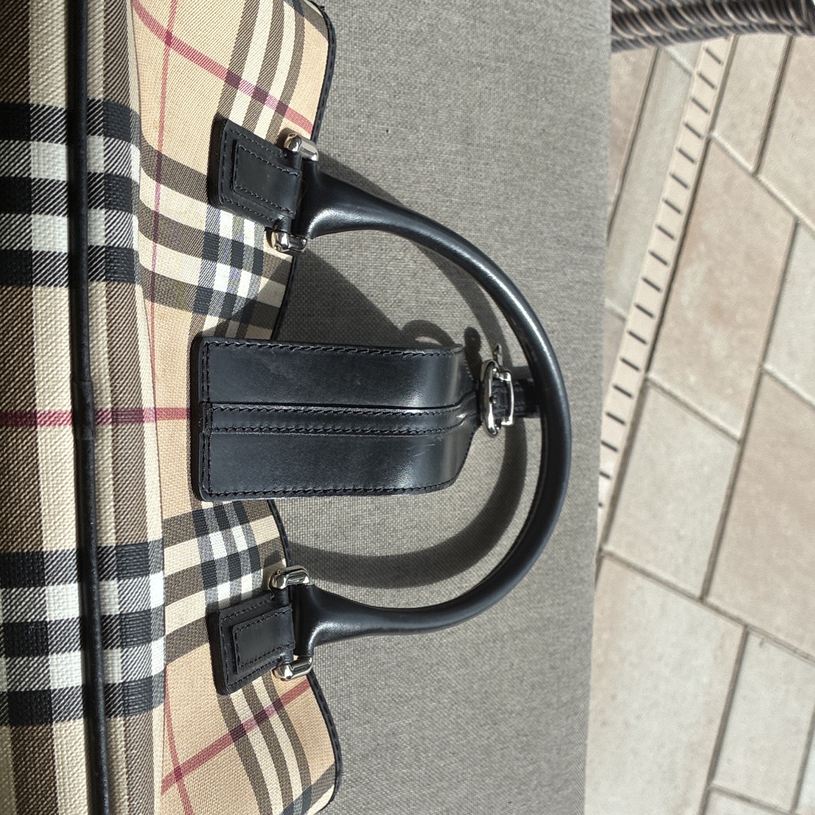 Burberry Beige Check Top Handle Satchel Medium Zip Closure Inner Pockets