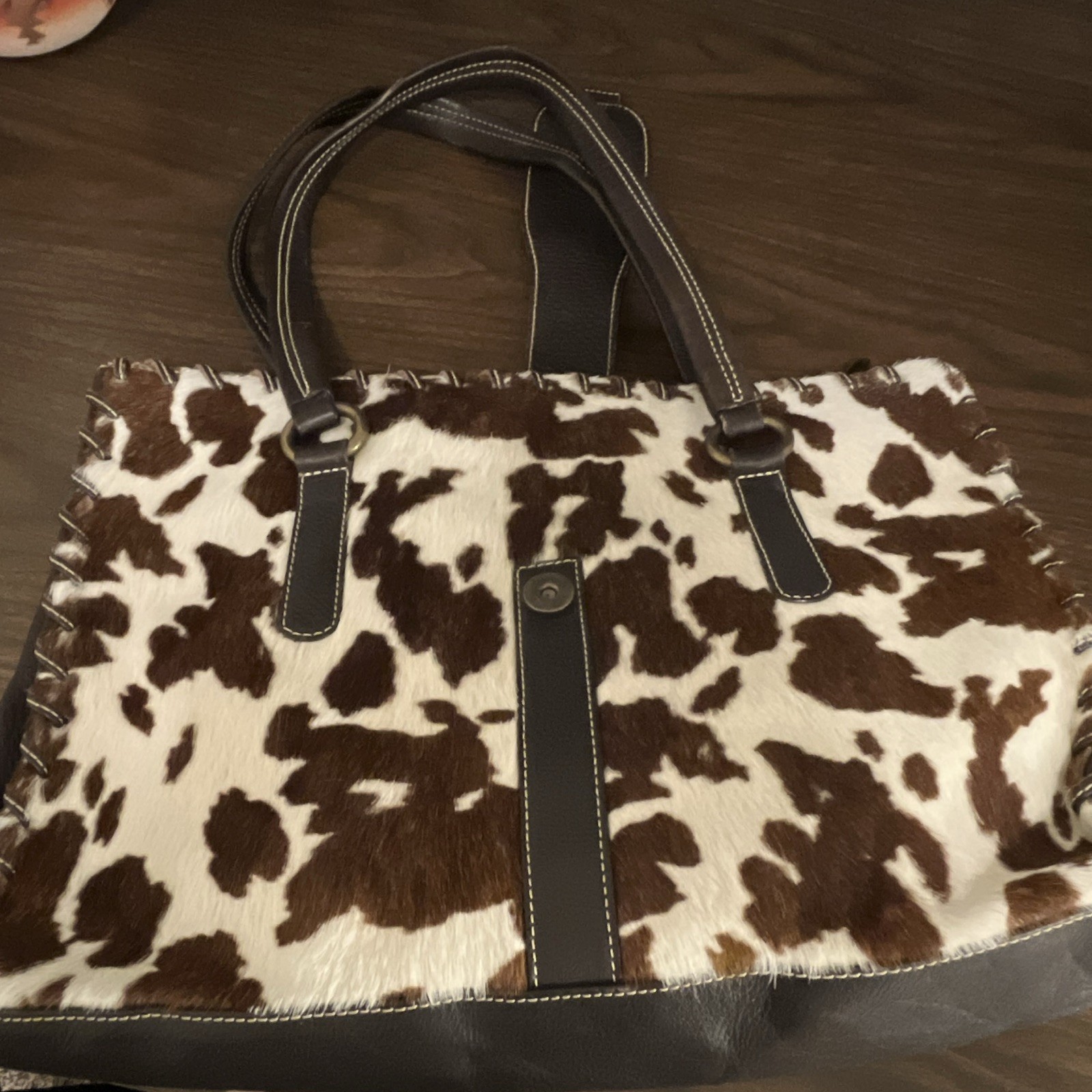Mania Genuine Leather Cowhide Haircalf Handbag Purse Made in Italy Brown White