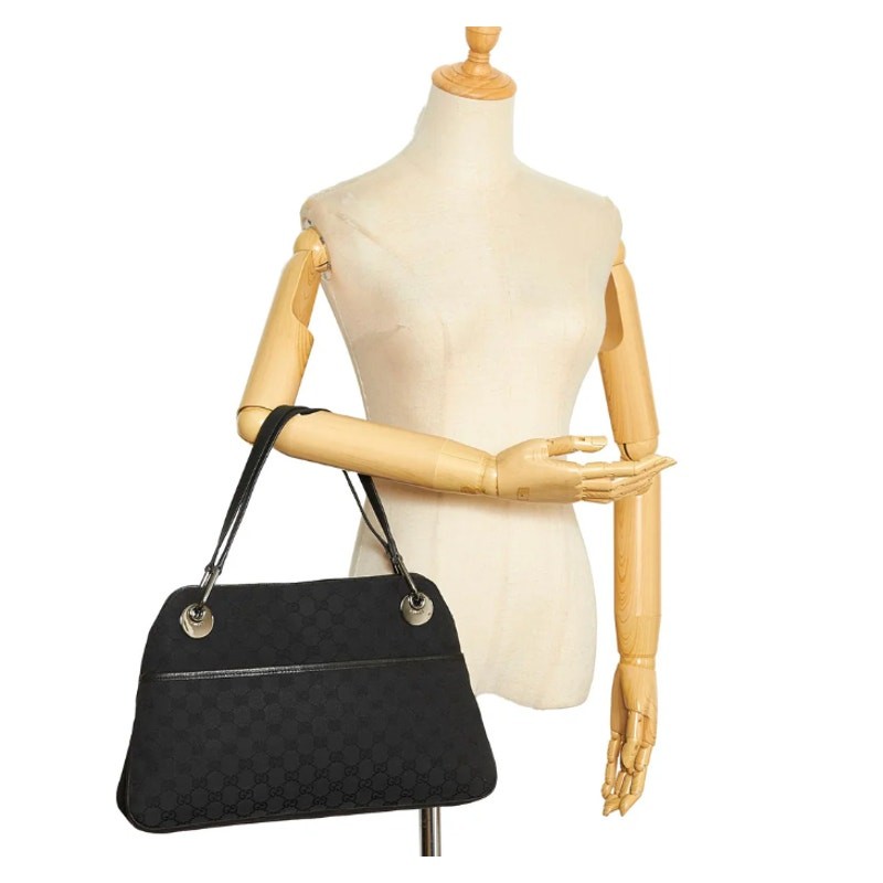 Gucci GG Monogram Eclipse Tote Bag Cloth Canvas Leather Trim Black Y2K Purse