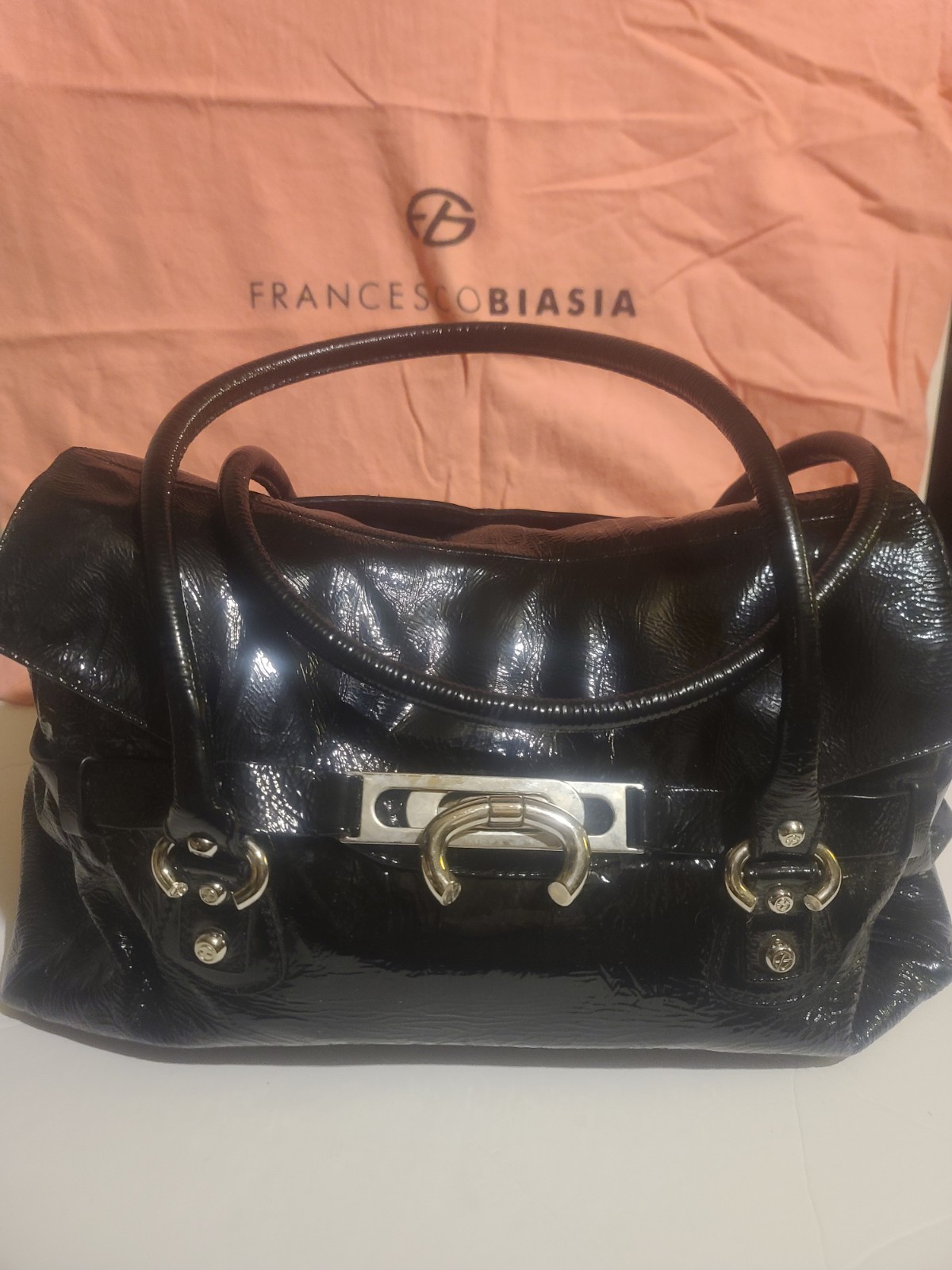 Francesco Biasia Patent Leather Black Y2k Handbag With Dust Bag
