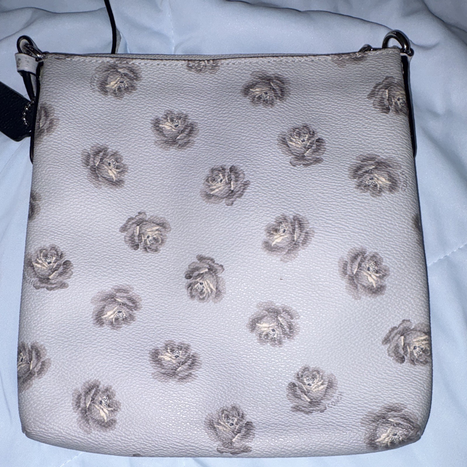 Coach Floral Rose Ivory Gray Small Crossbody Bag Zip Closure Logo Charm Silver