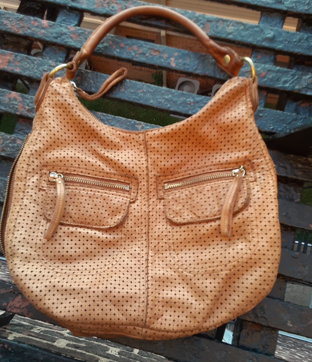Linea Pelle Collection Hobo Tan Beige Leather Large Shoulder Handbag Perforation