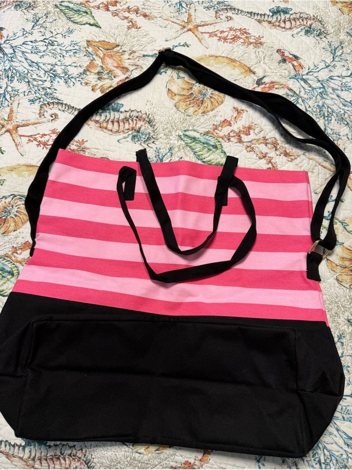 Victoria Secret br Pink Stripe Canvas Tote with Black Base