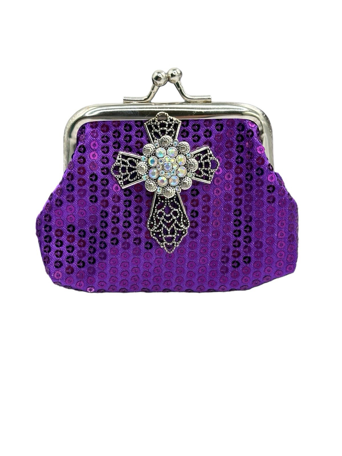 Purple Sequin Coin Micro Purse w/ Silver Cross & 18mm Sparkling Ginger Snap NWT