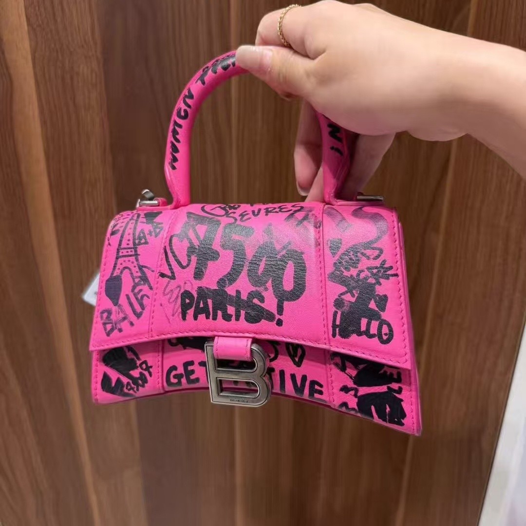 Balenciaga Hourglass XS Pink Graffiti Print Leather Crossbody Bag Top Handle