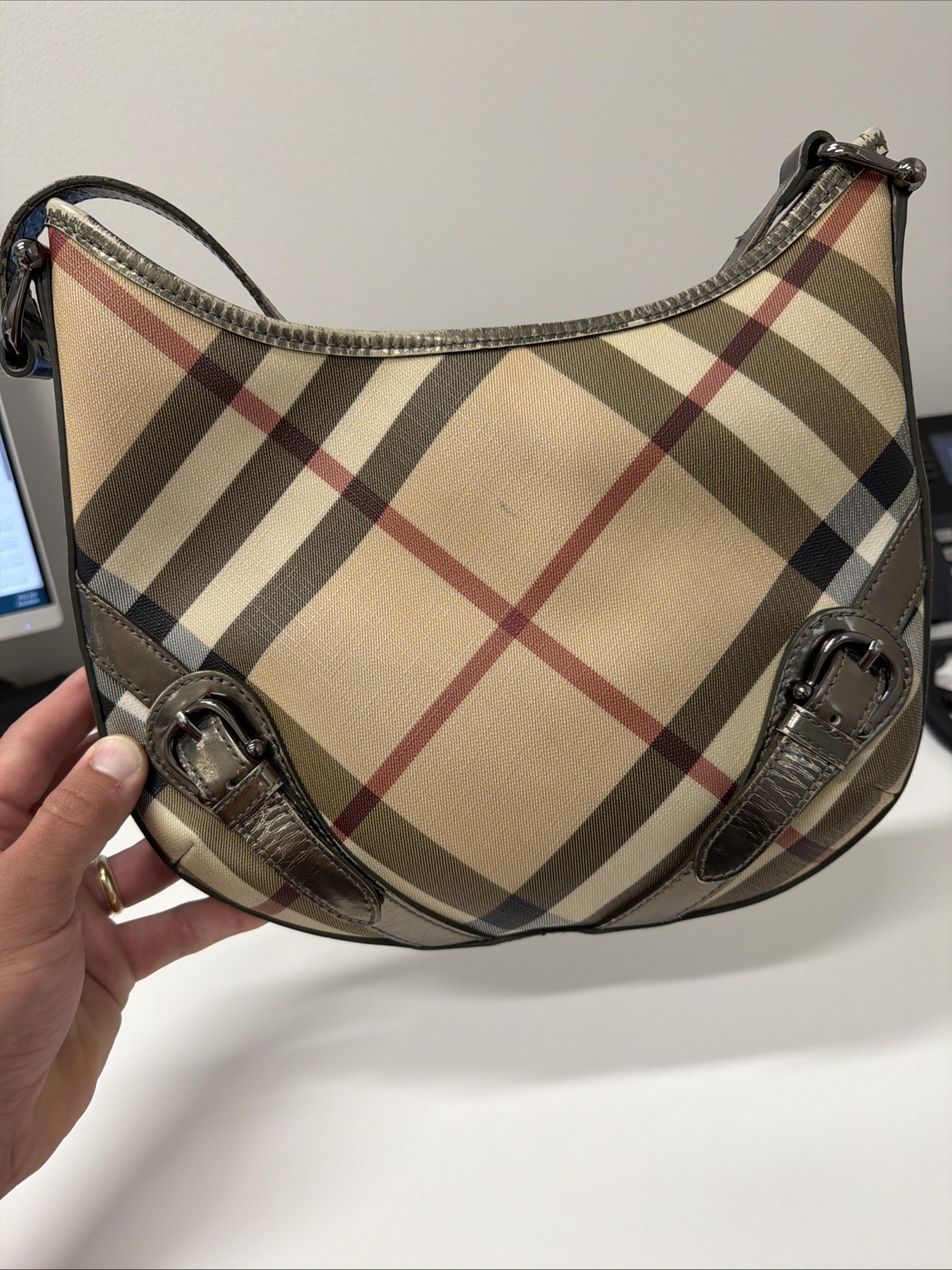 Burberry Medium Nova Check Canvas & Leather Tote Shoulder Bag Authentic