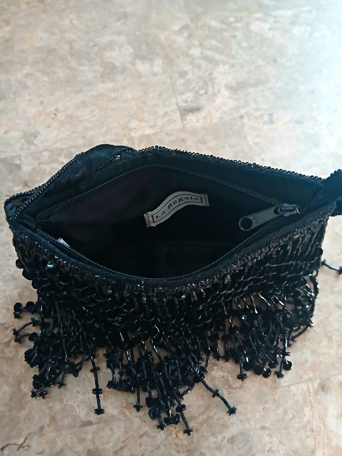 La Regale Black Beaded Fringe Handbag Zip Closure Top Handle Solid Rectangle