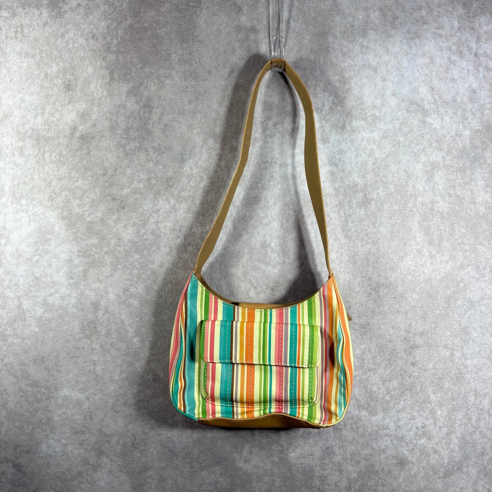 Fossil Shoulder Bag Womens Small Multi Color Striped Leather Hobo Boho Y2K