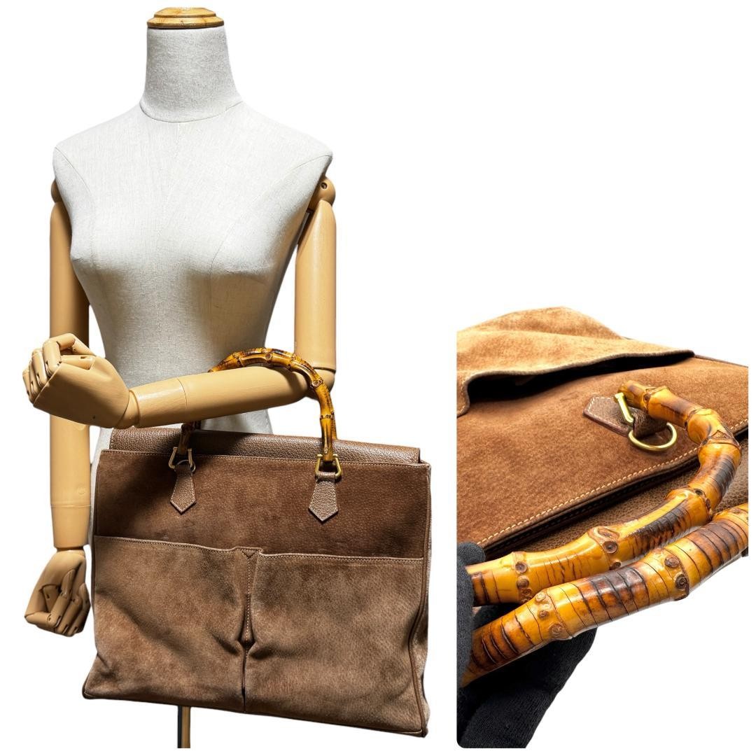 GUCCI Suede Leather Tote Bag Bamboo Handle Brown Large Capacity Pocket Authentic