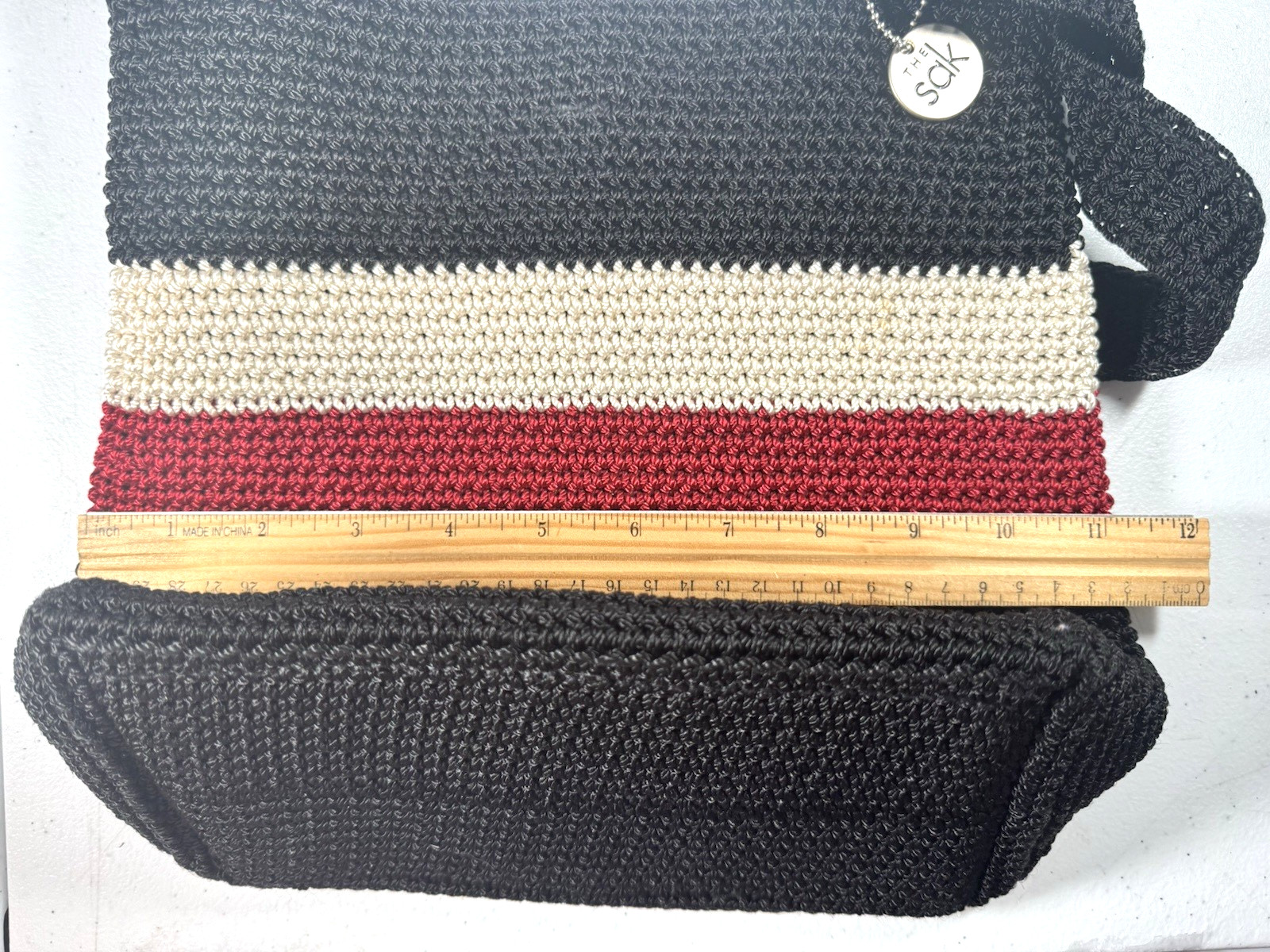 The Sak Crochet Macrame Boho Shoulder Bag Purse Black Red Ivory