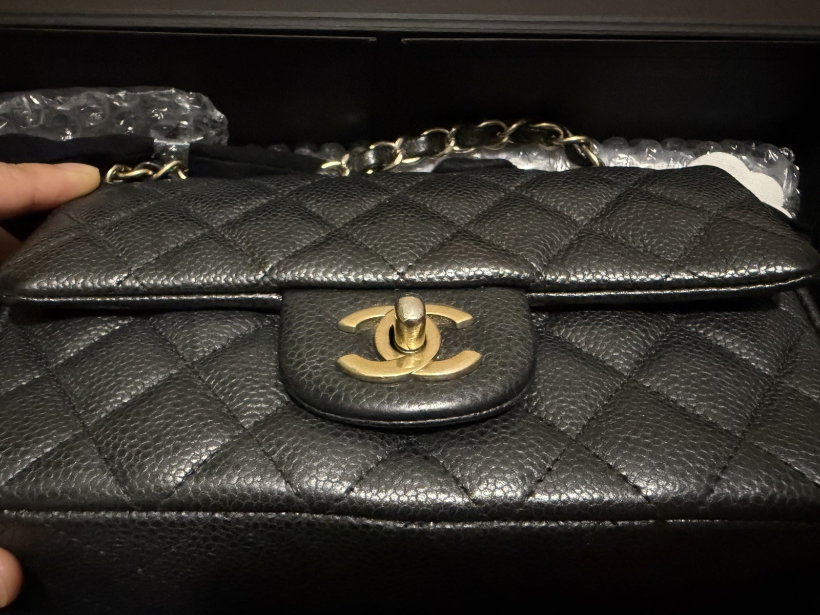 CHANEL Mini Rectangular Classic Flap Bag Black Caviar With Gold Hardware