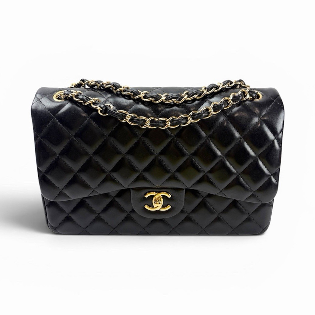 CHANEL Classic Jumbo Flap Shoulder Bag CC Turn Lock Gold Chain in black