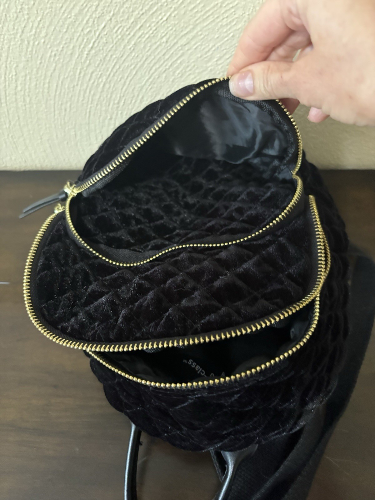 Art Class Black Velvet Quilted Mini Backpack Gold Zipper Adjustable Straps