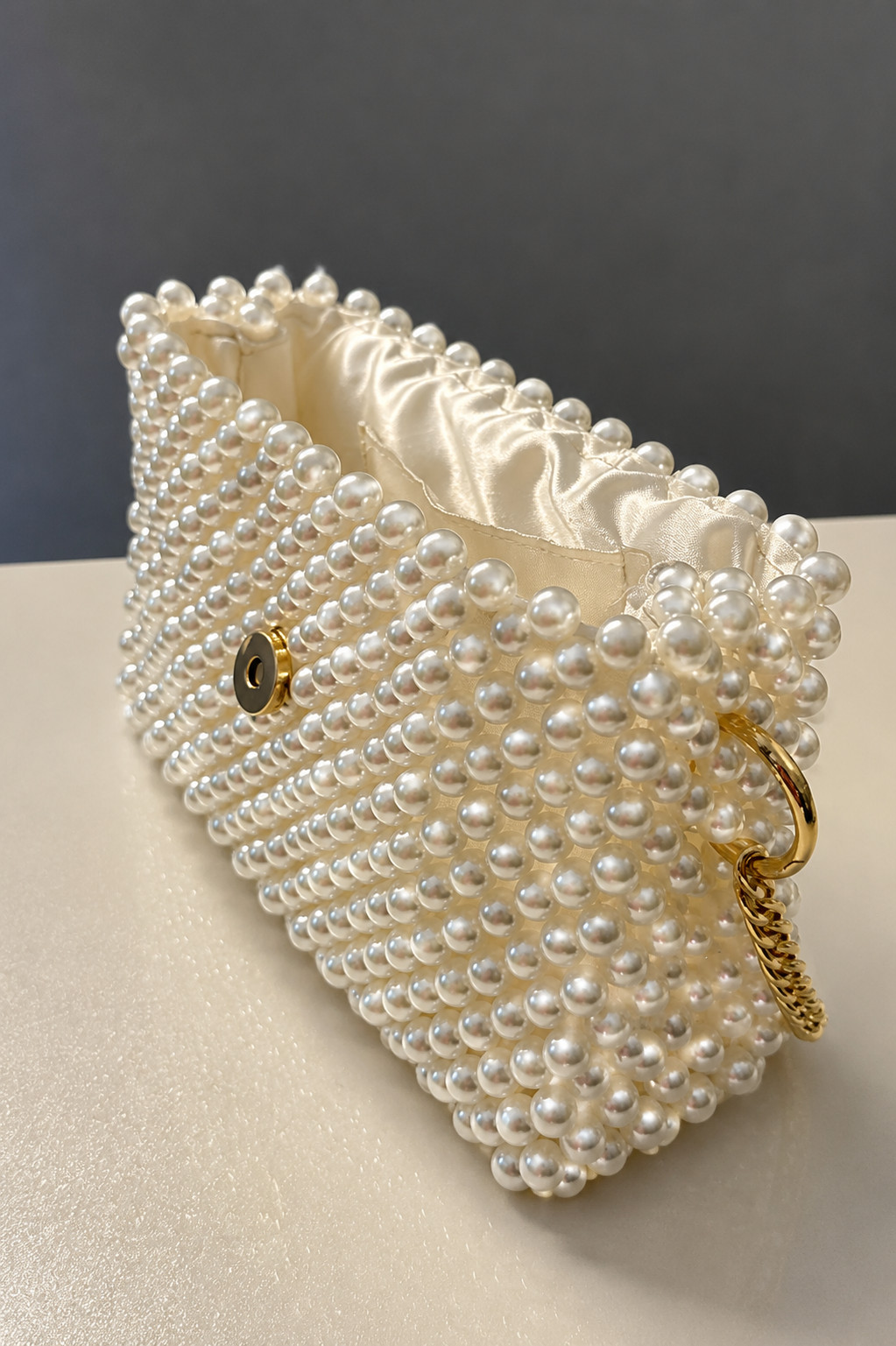Luxury White Mother of Pearl Crystal Beaded Shoulder Bag – Handmade Evening Purs