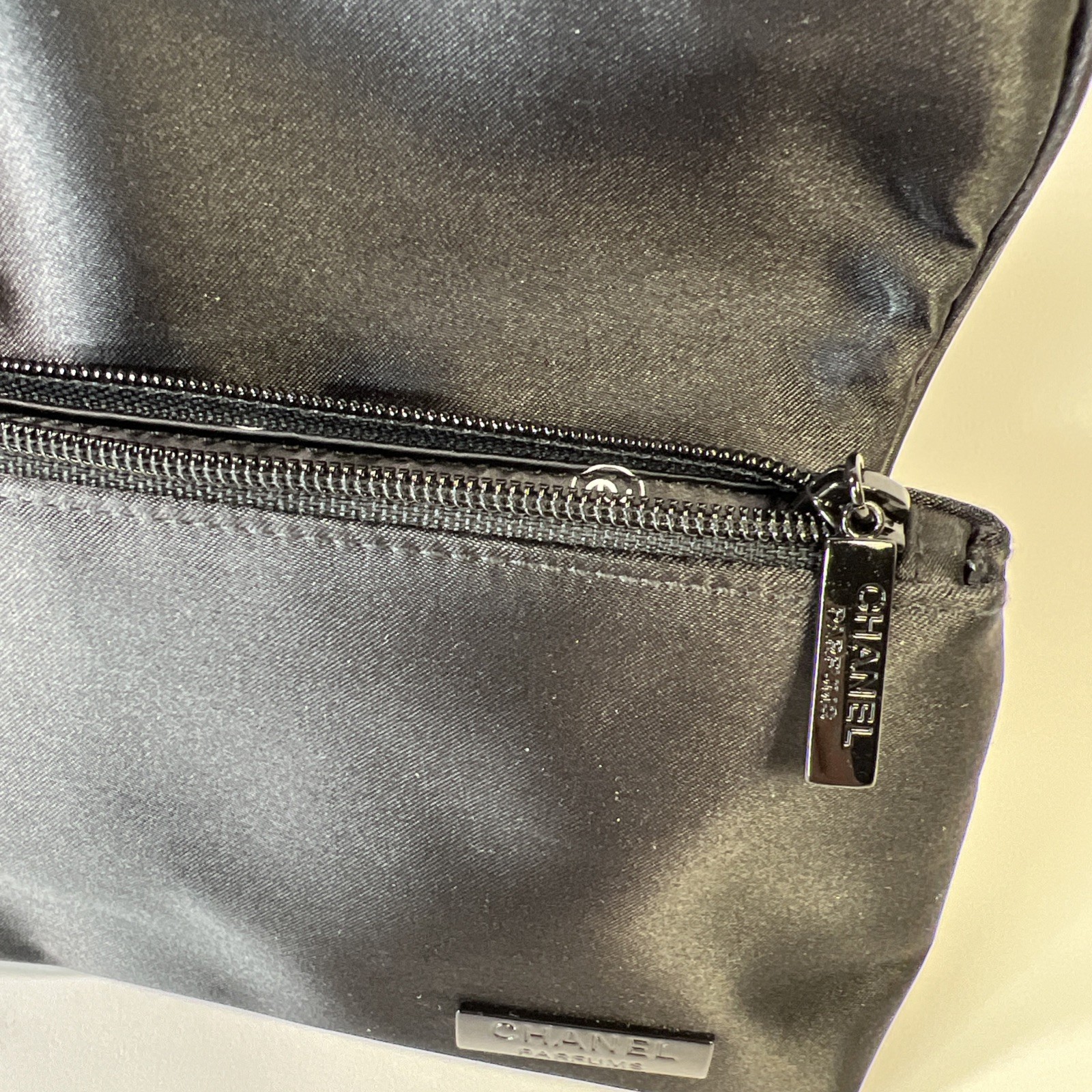 Chanel Parfums Black Satin Limited Edition Poly-Satin Zip & Flap Bag/Clutch