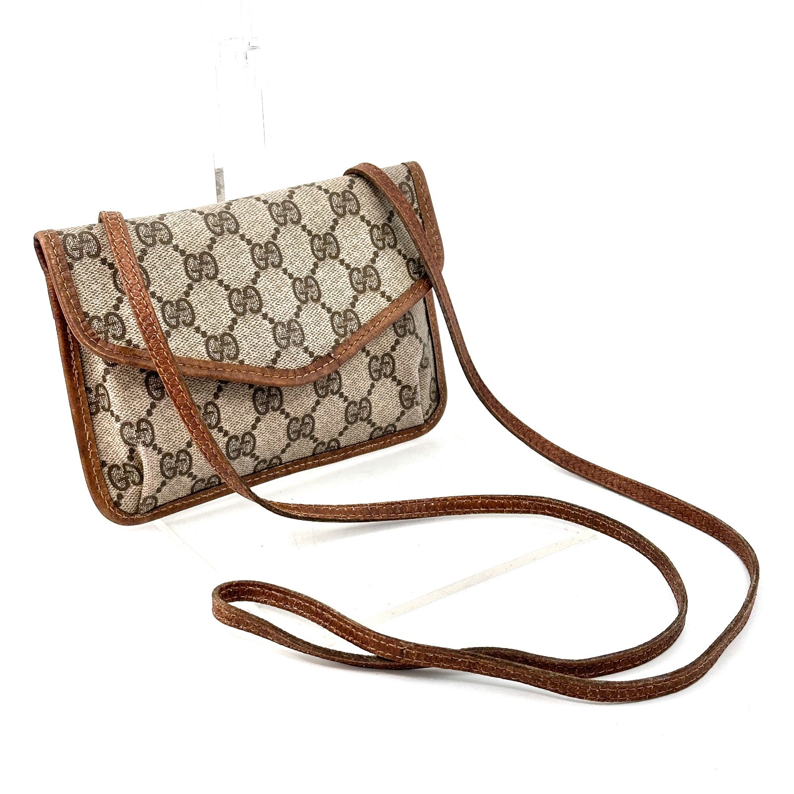 Vintage GUCCI Shoulder Bag Mini Pouch GG PVC Brown Authentic From Japan