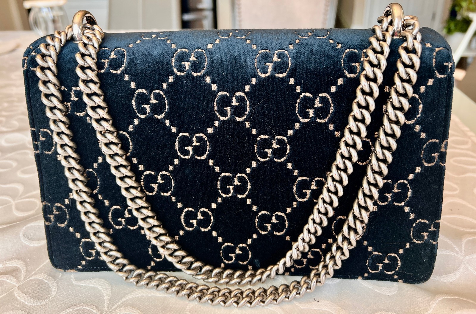 Authentic Gucci Medium GG Velvet Dionysus in Dark Navy Blue. Very good condition