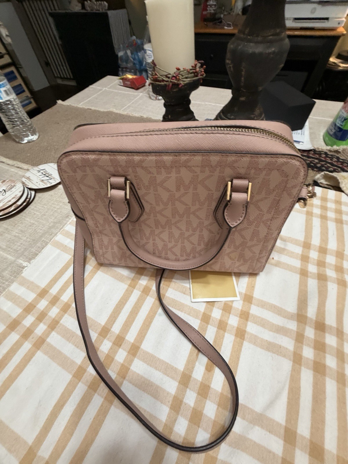 Michael Kors Pink MK Logo Satchel Top Handle Zip Gold Hardware Adjustable Strap
