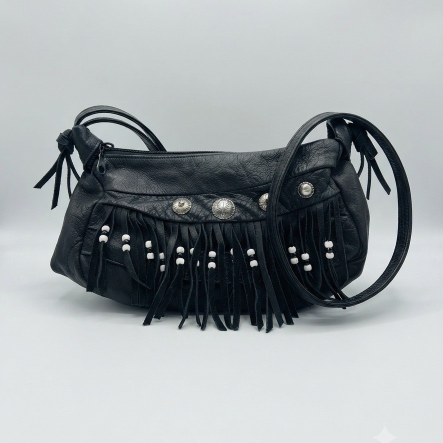 Black Leather Fringe Crossbody Bag Western Concho Beaded Tassel Boho Bag Mexico