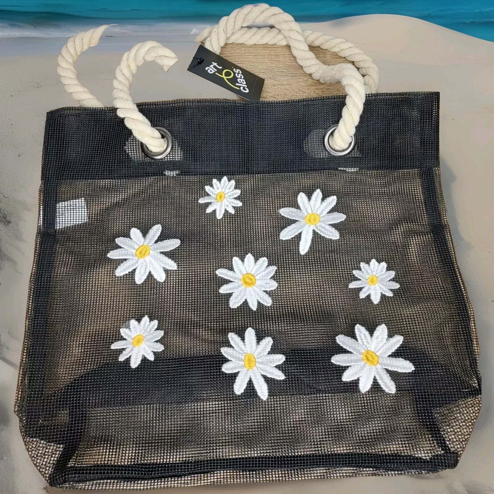 Art Class Black Mesh Beach Tote Bag Daisy Flower Rope Handle Chic Cute NEW