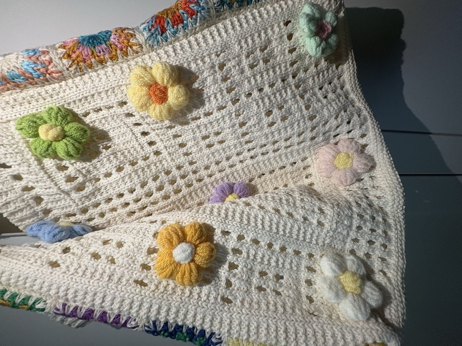 Handmade Crochet Bed Throw Bag White Multicolor Floral Applique Rectangle