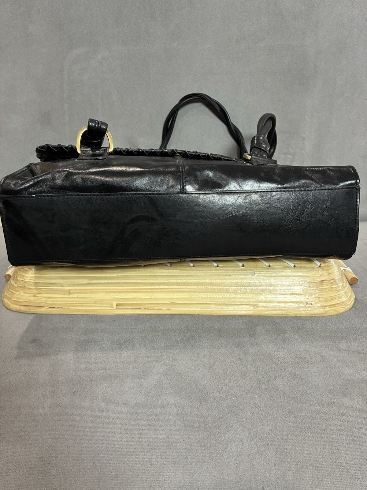 Worthington Black Genuine Leather Shoulder Bag Braided Strap Flap Handbag