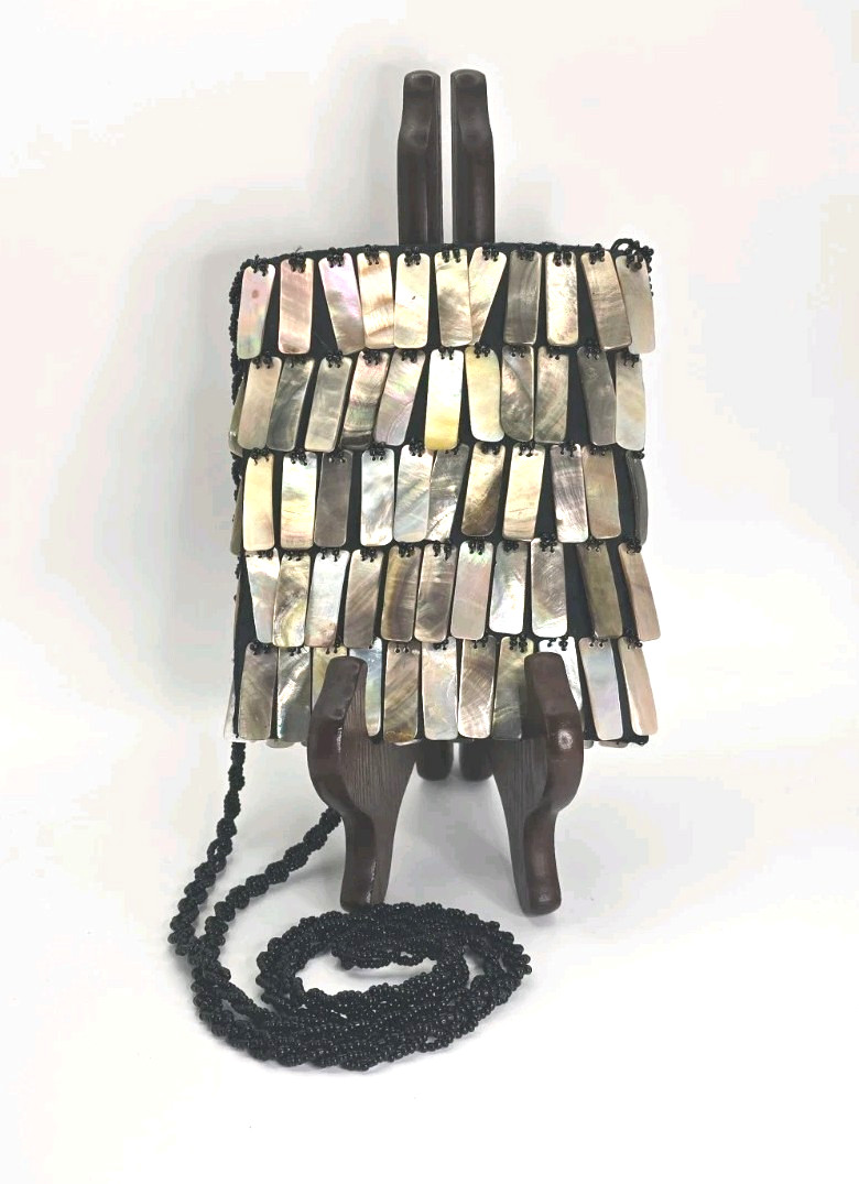 Vintage Mod Design Abalone Pearl Mosaic Purse Seashell Silk Lining Bead Handle