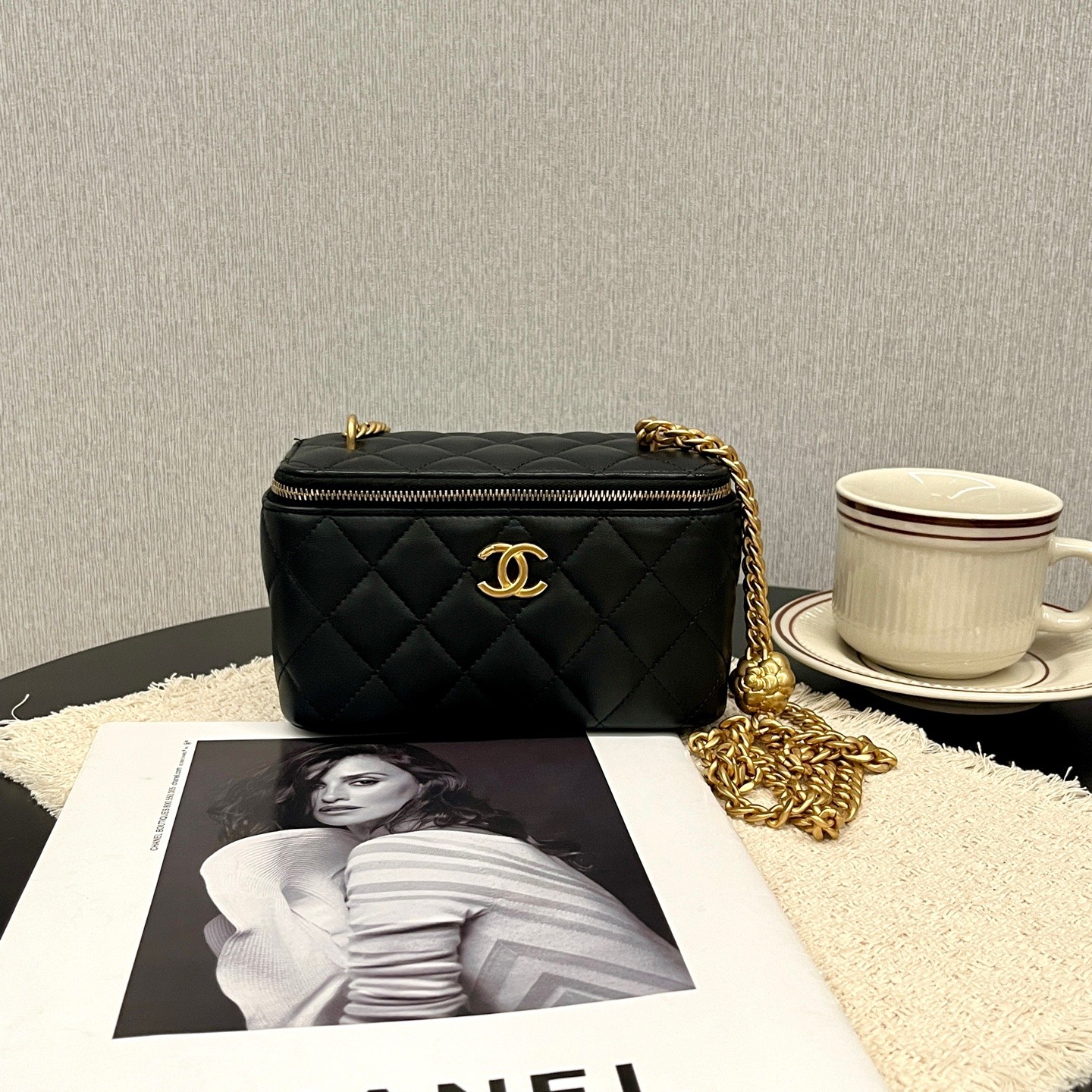 Chanel Camellia Gold Ball Mini Black Lambskin Leather Crossbody Vanity Case US S