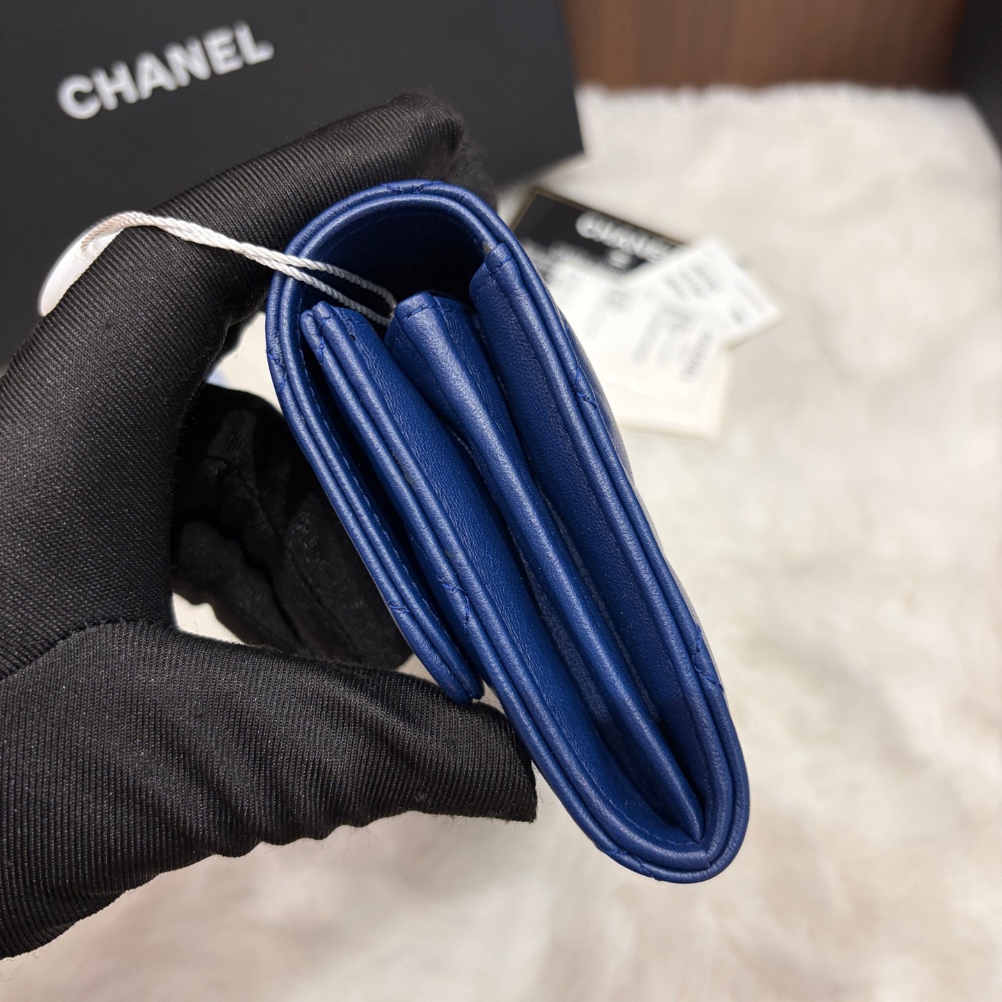 Chanel Classic Flap Normal Size Blue Lambskin Cash Card Coin Wallet US Ship