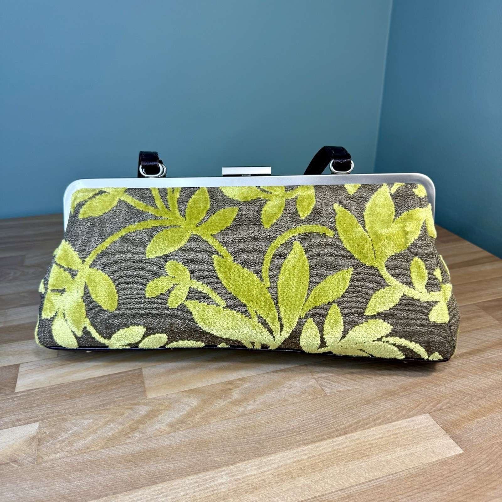 Glenda Gies Chenille Handbag Green Leaves Gray Clutch Brooch Leather Purse RETRO