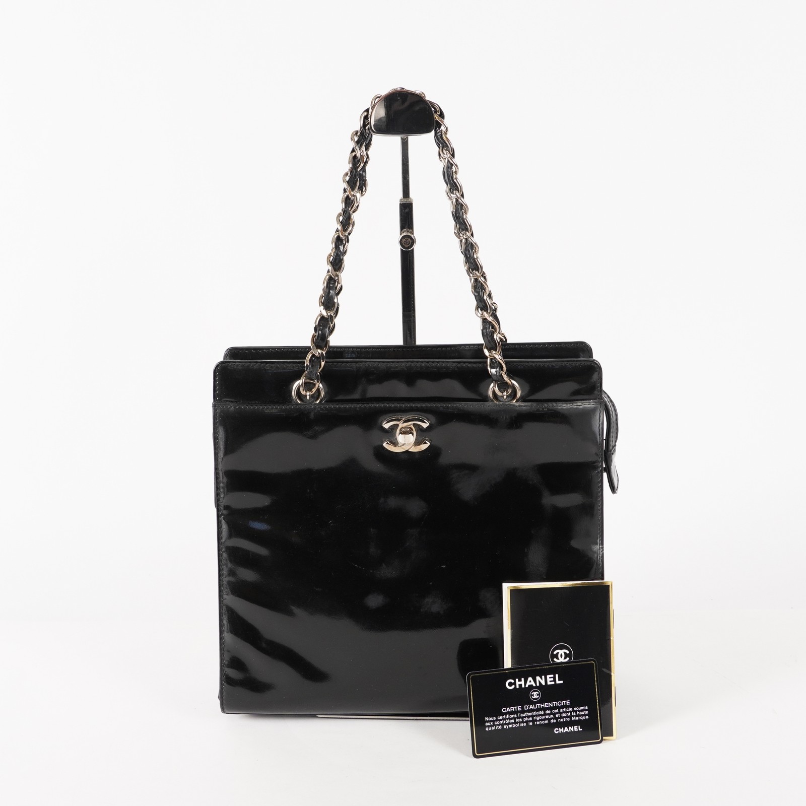 CHANEL CC Logo Chain Shoulder Tote Bag Patent Leather Vintage Black 03E255170011