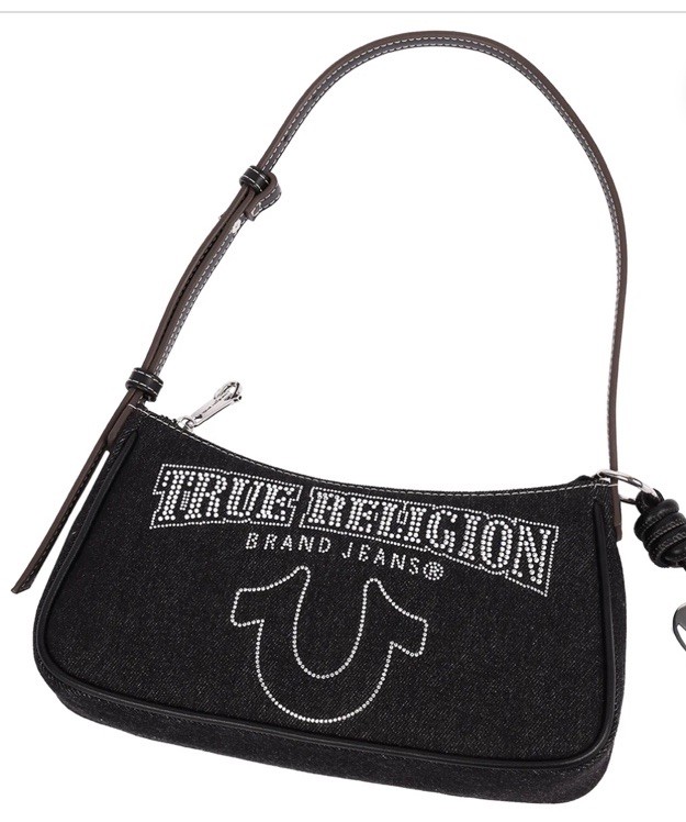 True Religion Women’s Blue Shoulder Bag bling Logo Patch Stitching Designer