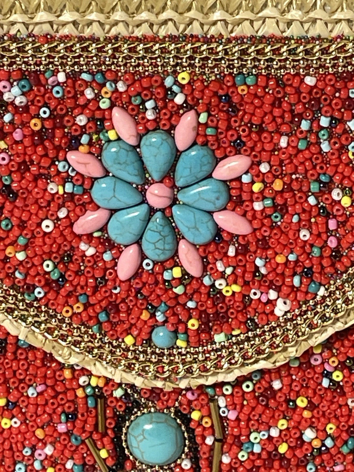 Boho Beaded Straw Crossbody Phone Bag Turquoise Bee Insect Red Seed Bead Purse