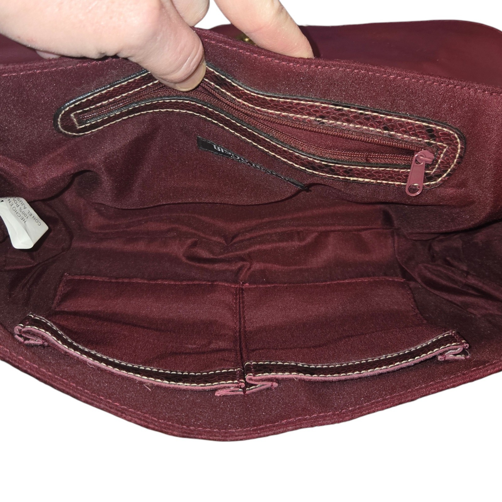 Bisou Bisou Y2K VTG Shoulder Bag Med Maroon Snakeskin Trim Faux Suede Baguette