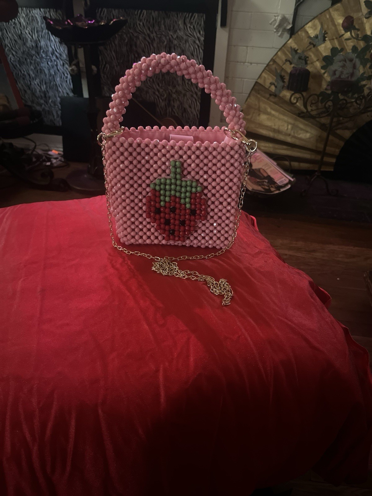 Pink Beaded Strawberry Top Handle Bag Small Detachable Strap Gold Chain