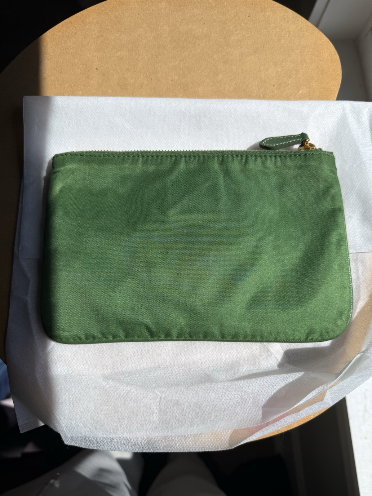 PRADA Green Logo Zip Wristlet Pouch w/ Gold Hardware Inner Pockets Brand Card