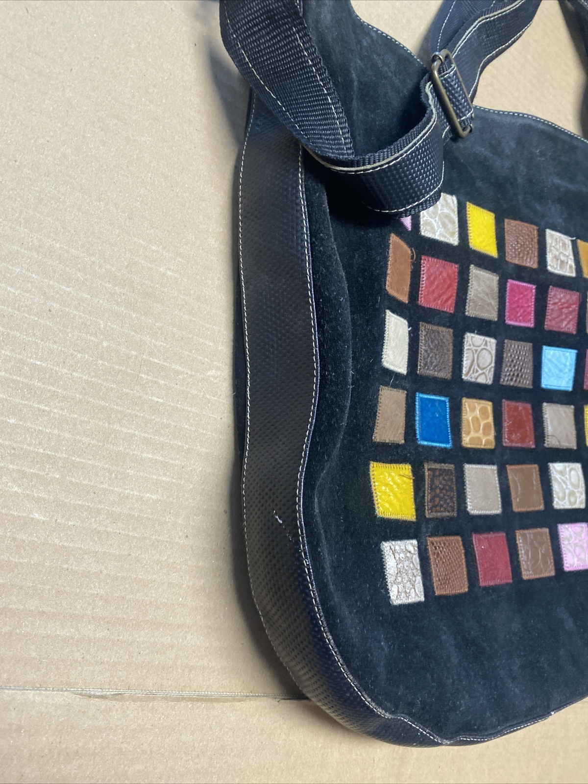 El Dorado Leather Black Suede Crossbody Messenger with Patchwork Leather Squares