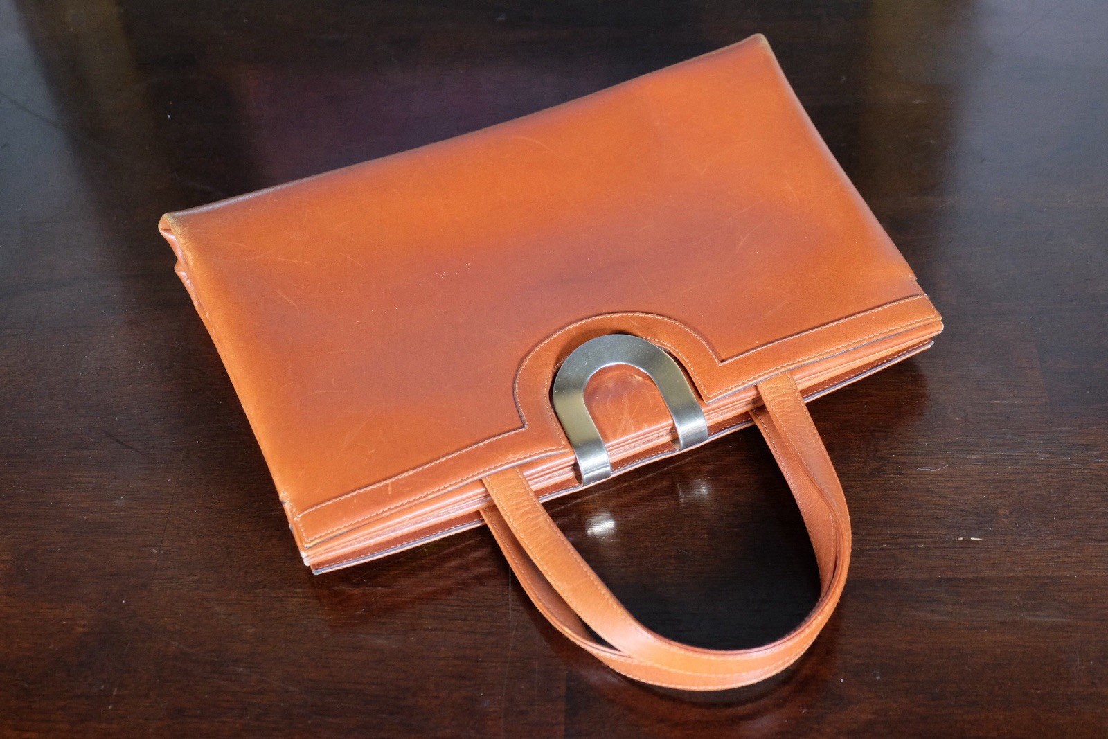 Vintage Leather Briefcase Satchel Handbag Smooth Calfskin Top Handle Brown Bag