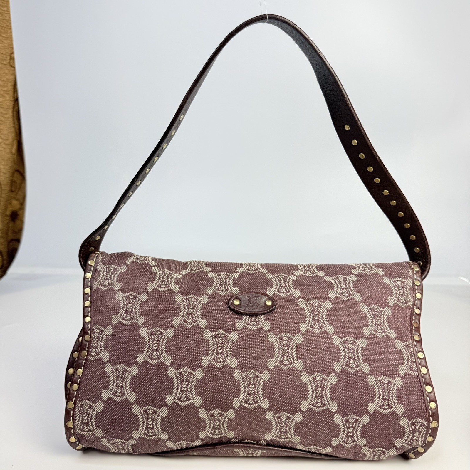 Celine Denim Triomphe Monogram Studded Poulbot Shoulder Bag in Burgundy Colour