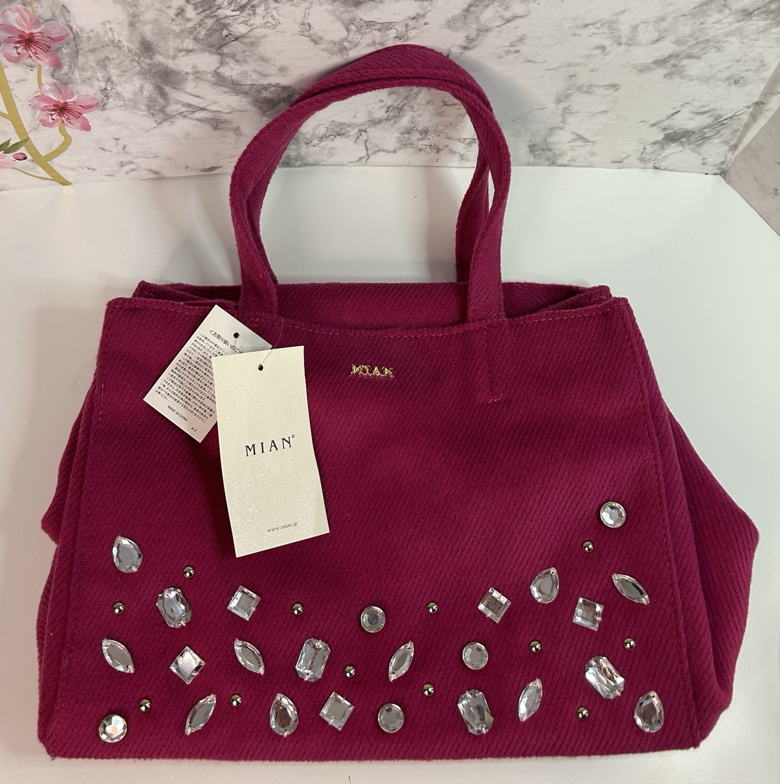 NWT Mian Purse / Tote Bag Hot Pink Brushed Fabric With Rhinestone Embellishments