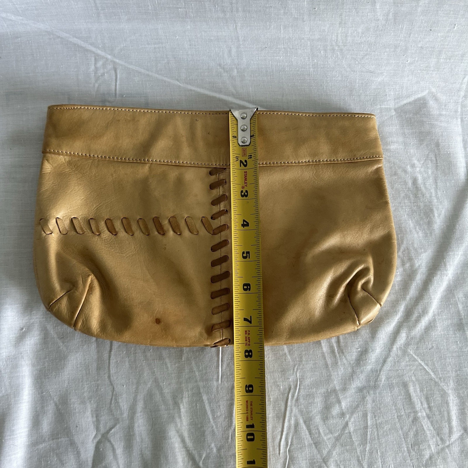 Vintage Caramel Tan Leather Clutch Bag Purse Zip Whipstitching Super Soft