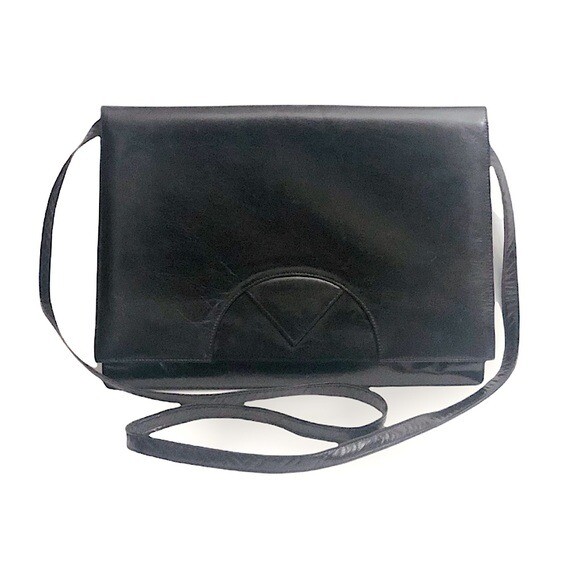 Charles Jourdan Paris Black Leather Envelope Vtg Shoulder Purse Bag