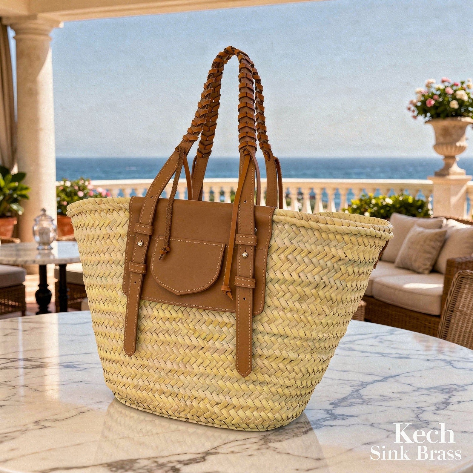 Handmade Moroccan Straw Tote Bag Braided Leather Handles, Zipper Pocket, Summer