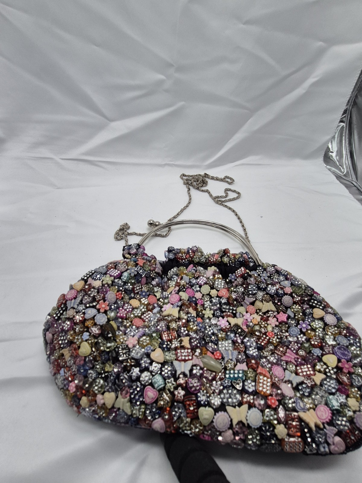 Multicolor Beaded Floral Rhinestone Kiss Lock Small Clutch Silver Chain Strap