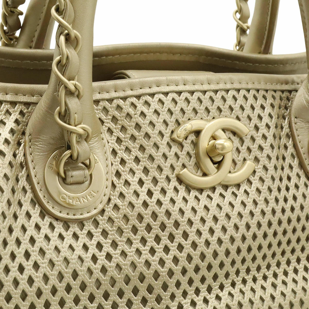 Chanel French Riviera A67654 Tote Check Leather ChampagneGold Unisex Bag #BLB795