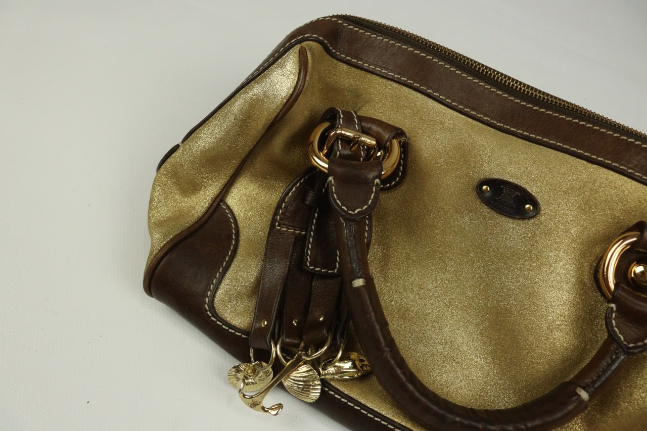 Celine Metallic Gold Brown Leather Dual Handle Zip Top Satchel Bag Blazon Charms