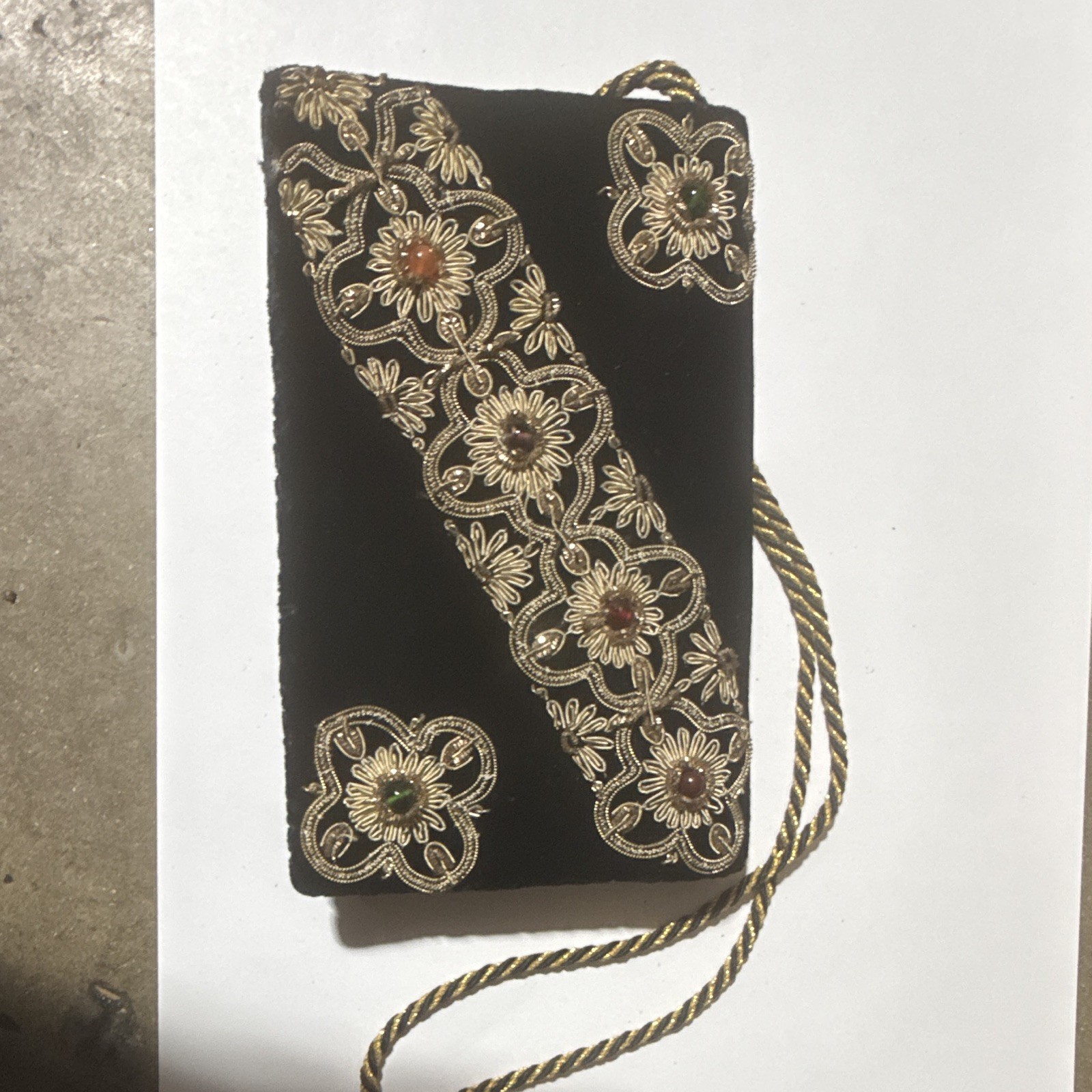 Black Floral Embroidered Beaded Clutch Purse w/ Gold Cord Shoulder Strap